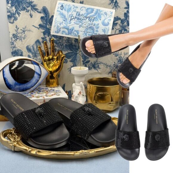 🆕 KURT GEIGER LONDON 🧿 NWOB Meena Eagle Black Crystal Studded Slide, Sz US 7.5 - Picture 1 of 13